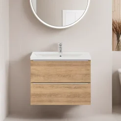 Meuble vasque suspendu faible profondeur effet chêne l.80 cm Imandra + plan vasque blanc céramique Nira, GoodHome