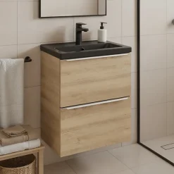 Meuble vasque suspendu faible profondeur effet chêne l.50 cm Imandra + plan vasque noir céramique Nira, GoodHome