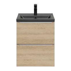 Meuble vasque suspendu faible profondeur effet chêne l.50 cm Imandra + plan vasque noir céramique Nira, GoodHome