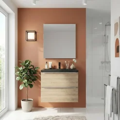 Meuble vasque suspendu faible profondeur effet chêne l.60 cm Imandra + plan vasque noir céramique Nira, GoodHome