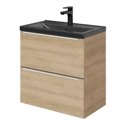 Meuble vasque suspendu faible profondeur effet chêne l.60 cm Imandra + plan vasque noir céramique Nira, GoodHome