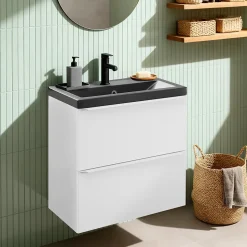 Meuble vasque suspendu faible profondeur blanc mat l.60 cm Imandra + plan vasque noir céramique Nira, GoodHome