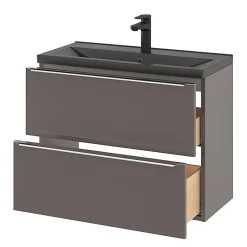 Meuble vasque suspendu faible profondeur gris taupe brillant l.80 cm Imandra + plan vasque noir céramique Nira, GoodHome