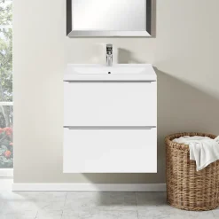 Meuble vasque suspendu faible profondeur blanc brillant l.60 cm Imandra + plan vasque blanc céramique Nira, GoodHome
