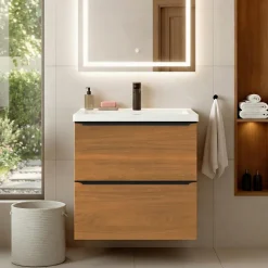 Meuble vasque suspendu faible profondeur effet noyer l.60 cm Imandra + plan vasque blanc céramique Nira, GoodHome