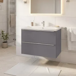 Meuble vasque suspendu faible profondeur gris brillant l.80 cm Imandra + plan vasque blanc céramique Nira, GoodHome