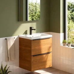 Meuble vasque suspendu faible profondeur effet noyer l.50 cm Imandra + plan vasque blanc céramique Nira, GoodHome
