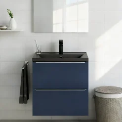 Meuble vasque suspendu faible profondeur bleu nuit mat l.60 cm Imandra + plan vasque noir céramique Nira, GoodHome
