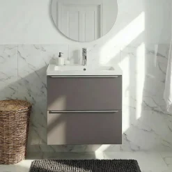 Meuble vasque suspendu faible profondeur gris taupe brillant l.60 cm Imandra + plan vasque blanc céramique Nira, GoodHome