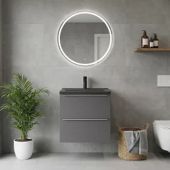 Meuble vasque suspendu faible profondeur gris brillant l.60 cm Imandra + plan vasque noir céramique Nira, GoodHome