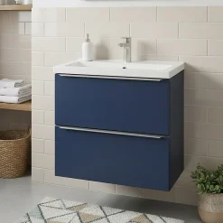 Meuble vasque suspendu faible profondeur bleu nuit mat l.60 cm Imandra + plan vasque blanc céramique, Nira GoodHome