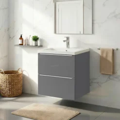 Meuble vasque suspendu faible profondeur gris brillant l.50 cm Imandra + plan vasque blanc céramique Nira, GoodHome