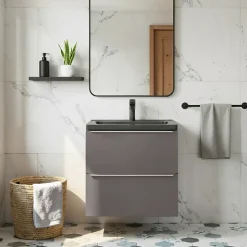 Meuble vasque suspendu faible profondeur gris taupe brillant l.60 cm Imandra + plan vasque noir céramique Nira, GoodHome