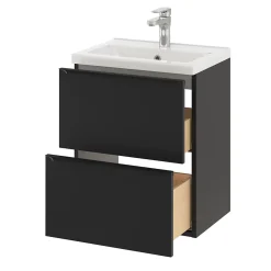 Meuble vasque suspendu faible profondeur noir mat l.50 cm Imandra + plan vasque blanc céramique Nira, GoodHome