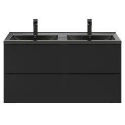Meuble vasque suspendu noir mat l.120 cm Imandra + plan double vasque noir céramique Nira, GoodHome