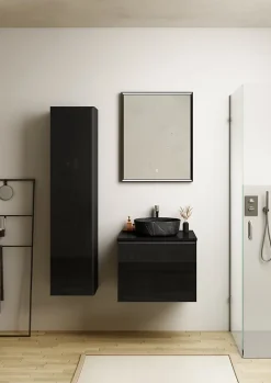 Meuble vasque suspendu noir mat et verre fumé l.60 cm + plan de toilette noir mat, Pura+