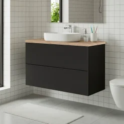 Meuble vasque suspendu noir mat l.100 cm Imandra + plan de toilette effet chêne, GoodHome