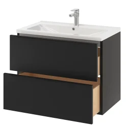 Meuble vasque suspendu noir mat l.80 cm Imandra + plan vasque blanc céramique Nira, GoodHome