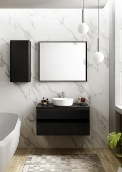 Meuble vasque suspendu noir mat et verre fumé l.90 cm + plan de toilette noir mat, Pura+