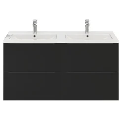 Meuble vasque suspendu noir mat l.120 cm Imandra + plan double vasque blanc céramique Nira, GoodHome