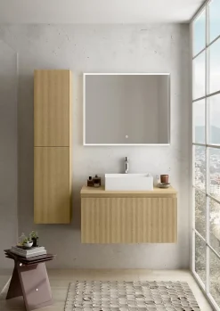 Meuble vasque suspendu plaqué chêne miel strié l.90 cm + plan de toilette plaqué chêne miel, Pura+
