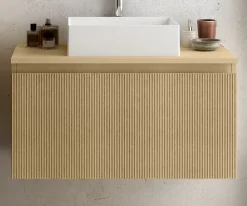 Meuble vasque suspendu plaqué chêne miel strié l.90 cm + plan de toilette plaqué chêne miel, Pura+