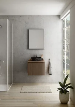 Meuble vasque suspendu plaqué noyer strié l.60 cm + plan de toilette plaqué noyer, Pura+