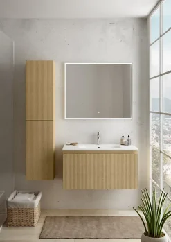 Meuble vasque suspendu plaqué chêne miel strié l.90 cm + plan vasque blanc mat résine, Pura+