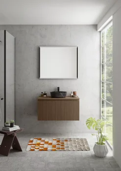Meuble vasque suspendu plaqué noyer strié l.90 cm + plan de toilette plaqué noyer, Pura+