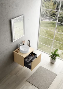 Meuble vasque suspendu plaqué chêne clair strié l.60 cm + plan de toilette plaqué chêne clair, Pura+