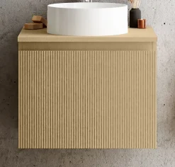 Meuble vasque suspendu plaqué chêne miel strié l.60 cm + plan de toilette plaqué chêne miel, Pura+