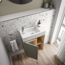 Meuble vasque Vert Jade mat de salle de bain 55x24x59cm (LxPxH) 1 porte à gauche + 2 cases rangement - BELDIVO
