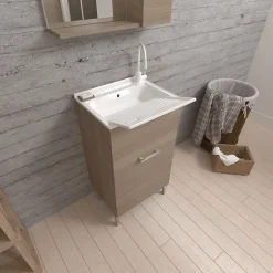 Meuble Évier 45Cm Chêne Naturel Avec Bac Et Planche À Laver - Pratico