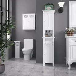 Meuble WC armoire toilette - porte, support papier - dim. 21L x 17l x 66H cm - blanc