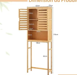 Meuble WC Au Dessus des Toilettes Etagère Haute avec Portes à Persiennes Meuble de Salle de Bain en Bambou