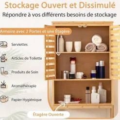 Meuble WC Au Dessus des Toilettes Etagère Haute avec Portes à Persiennes Meuble de Salle de Bain en Bambou