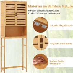 Meuble WC Au Dessus des Toilettes Etagère Haute avec Portes à Persiennes Meuble de Salle de Bain en Bambou