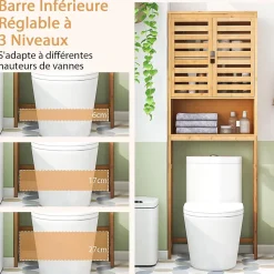 Meuble WC Au Dessus des Toilettes Etagère Haute avec Portes à Persiennes Meuble de Salle de Bain en Bambou
