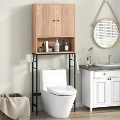 Meuble WC Au Dessus des Toilettes Meuble de Salle De Bain avec Armoire à Double Porte Compartiment Ouvert Naturel