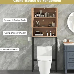 Meuble WC Au Dessus des Toilettes Meuble de Salle De Bain avec Armoire à Double Porte Compartiment Ouvert Naturel