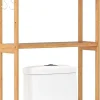 Meuble WC au-Dessus des Toilettes,en Bambou à 3 Niveaux avec 3 Crochets, Étagères et Barres à 3 Niveaux en Métal,71.5x25x166 cm
