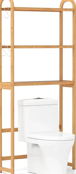 Meuble WC au-Dessus des Toilettes,en Bambou à 3 Niveaux avec 3 Crochets, Étagères et Barres à 3 Niveaux en Métal,71.5x25x166 cm