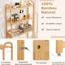 Meuble WC au-Dessus des Toilettes,en Bambou à 3 Niveaux avec 3 Crochets, Étagères et Barres à 3 Niveaux en Métal,71.5x25x166 cm