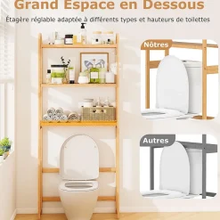 Meuble WC au-Dessus des Toilettes,en Bambou à 3 Niveaux avec 3 Crochets, Étagères et Barres à 3 Niveaux en Métal,71.5x25x166 cm