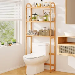 Meuble WC au-Dessus des Toilettes,en Bambou à 3 Niveaux avec 3 Crochets, Étagères et Barres à 3 Niveaux en Métal,71.5x25x166 cm