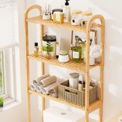 Meuble WC au-Dessus des Toilettes,en Bambou à 3 Niveaux avec 3 Crochets, Étagères et Barres à 3 Niveaux en Métal,71.5x25x166 cm