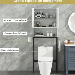 Meuble WC Au-Dessus des Toilettes Meuble de Salle De Bain avec Armoire à Double Porte Compartiment Ouvert Blanc