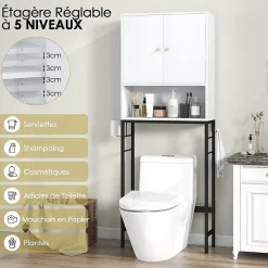 Meuble WC Au-Dessus des Toilettes Meuble de Salle De Bain avec Armoire à Double Porte Compartiment Ouvert Blanc