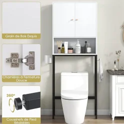 Meuble WC Au-Dessus des Toilettes Meuble de Salle De Bain avec Armoire à Double Porte Compartiment Ouvert Blanc