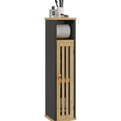 Meuble WC avec support papier toilette - porte, étagère - MDF noir bambou verni
